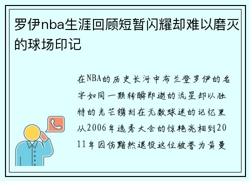 罗伊nba生涯回顾短暂闪耀却难以磨灭的球场印记
