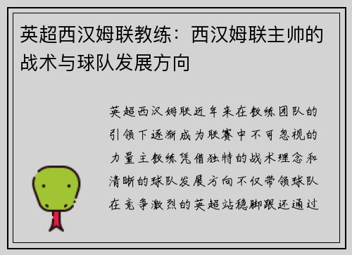 英超西汉姆联教练：西汉姆联主帅的战术与球队发展方向